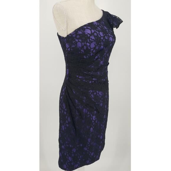 Mori Lee One Shoulder Lace Cocktail Dress 0 Sheath Ruffle Ruched Black Purple - Picture 5 of 10
